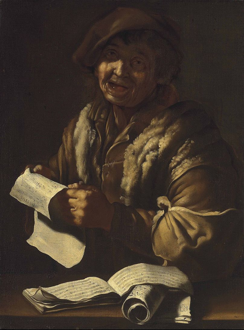 A peasant singing and holding a musical score by the circle of Bernhard Keil, c. 1660