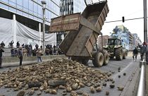 المزارعون المحتجون يلقون حمولة من البطاطس في شارع رئيسي خلال مظاهرة خارج مبنى المجلس الأوروبي في بروكسل، الثلاثاء، 26 مارس 