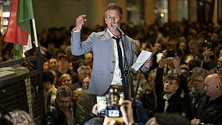 Former Hungarian government insider Peter Magyar gives a speech next tot Kossut Lajos Square on Tuesdy, in Budapest, Hungary, March 26, 2024
