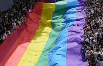 Imagen de decenas de personas junto a una bandera arcoíris en un desfile de celebración del colectivo LGTBIQ+.
