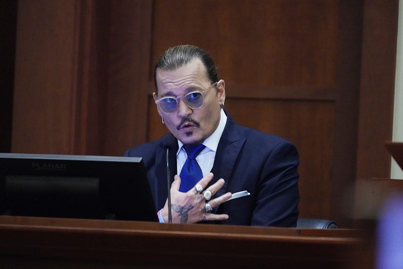 Johnny Depp testifies in the courtroom at the Fairfax County Circuit Courthouse in Fairfax, Va., Monday, April 25, 2022.