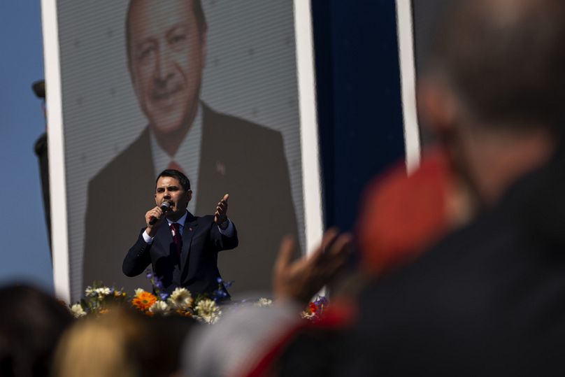 AKP, candidate for Istanbul Murat Kurum gives a speech during a campaign rally ahead of nationwide municipality elections, in Istanbul, March 2024
