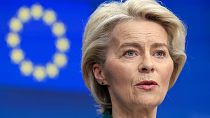 European Commission President Ursula von der Leyen addresses a media conference at the conclusion of an EU Summit in Brussels, Friday, March 22, 2024.