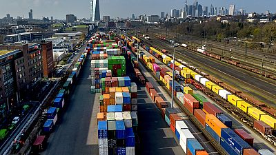 Containers are stored in a cargo terminal in Frankfurt, Germany, Thursday, March 21, 2024.