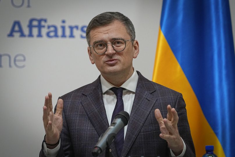 FILE - Ukraine's Foreign Minister Dmytro Kuleba, attends a joint news conference with Moldova's Foreign Minister Mihai Popsoi in Kyiv, Ukraine, Wednesday, March. 13, 2024.