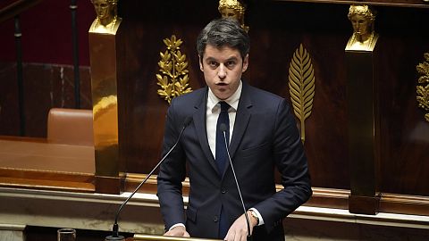 FILE - France's Prime Minister Gabriel Attal delivers a speech at the National Assembly, in Paris, Tuesday, March 12, 2024. 