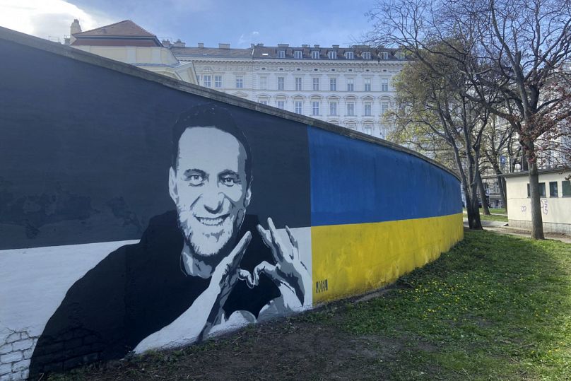 A picture of Alexei Navalny on a mural in Vienna, Austria, Wednesday, 27 March 2024.