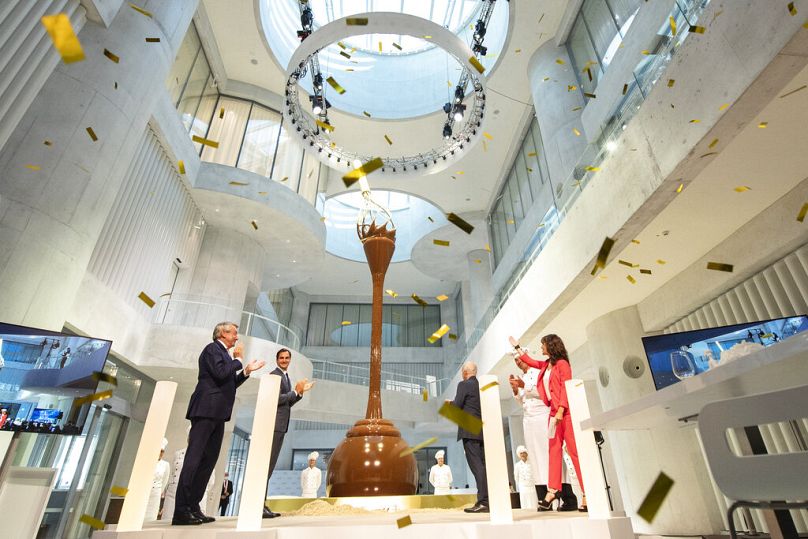 The centrepiece of the new Lindt Home of Chocolate - a 9-metre high chocolate fountain - during the inauguration ceremony of the new Lindt Home of Chocolate in 2020