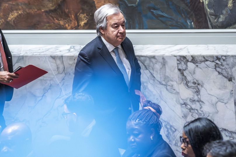 United Nations Secretary-General António Guterres leaves the chamber after attending a meeting of the UN Security Council, in New York, March 2024