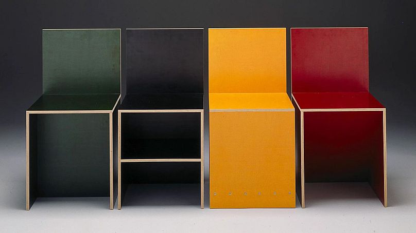 A colourful array of "Chair 84" furniture designed by Donald Judd