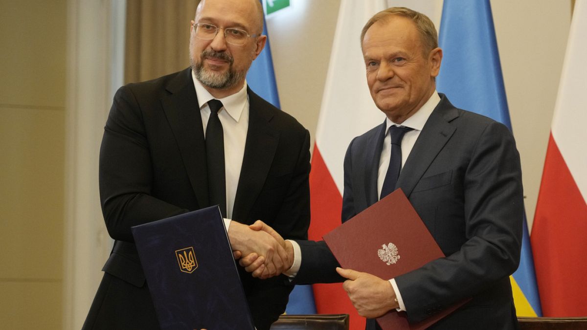 Il primo ministro ucraino Denys Shmyhal e il primo ministro polacco Donald Tusk, 28 marzo 2024