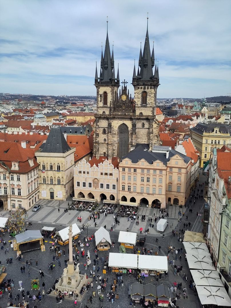 A bird's eye view over the plaza from Prague clock tower.