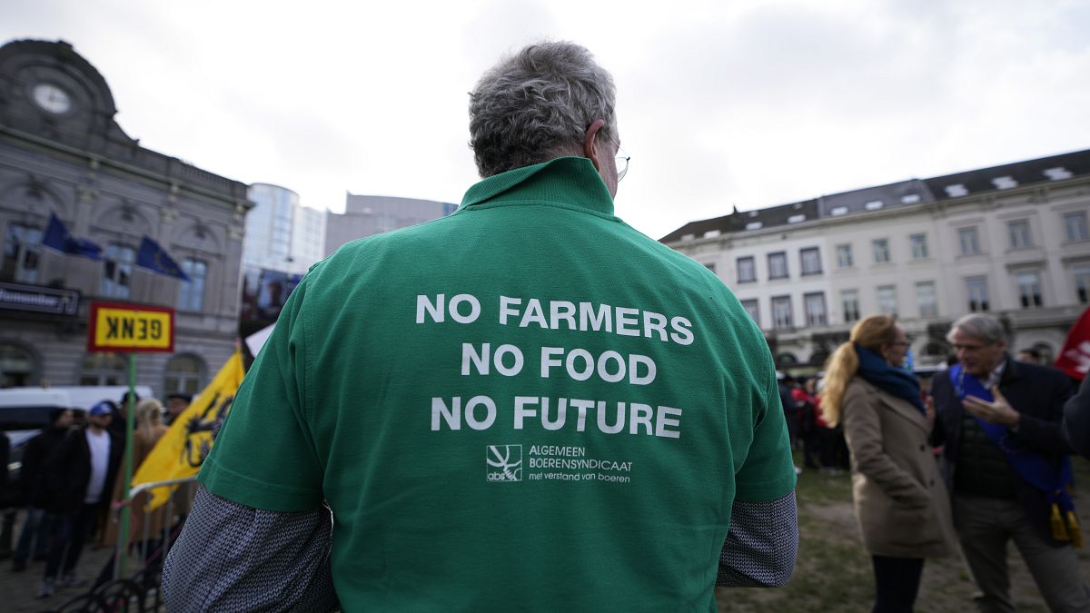 Un agricultor lleva una camiseta con un mensaje durante una manifestación de agricultores franceses y belgas ante el Parlamento Europeo en Bruselas, el 24 de enero.
