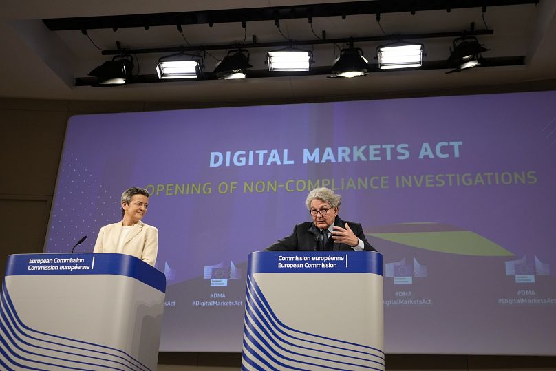 European Commissioner for Europe fit for the Digital Age Margrethe Vestager, left, and European Commissioner for Internal Market Thierry Breton, right, at a news conference.