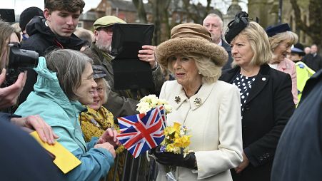 Britain's Queen Camilla meets well-wishers after attending the Royal Maundy Service, in Worcester, England.