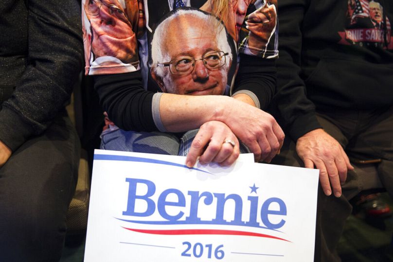 Candace Richarei, of Burlington, IL, holds a sign to support Democratic presidential candidate Sen. Bernie Sanders, I-Vt., during a campaign rally,, January 2016