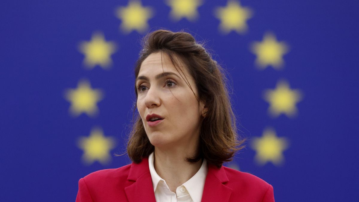 France's Valerie Hayer, head of France's presidential party Renew for the upcoming European Elections, delivers her speech Tuesday, March 12, 2024.