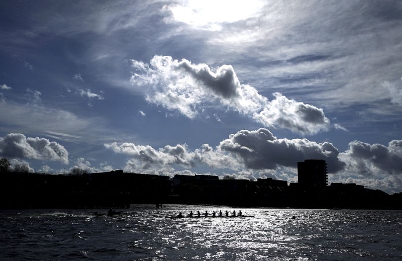 The Cambridge Men's team during a training session on the River Thames in Putney, London on Wednesday