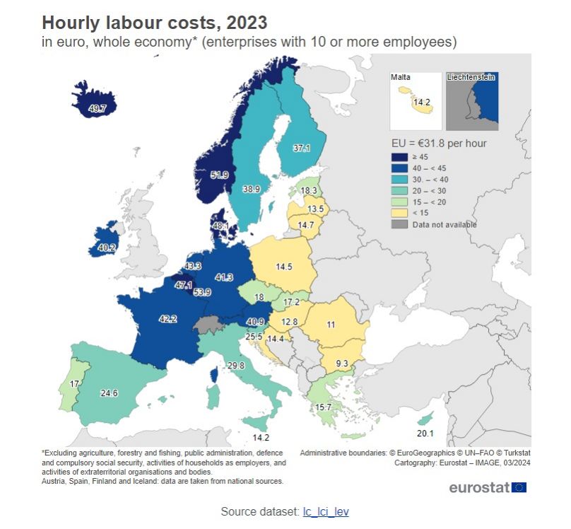 حداقل دستمزد ساعتی در اتحادیه اروپا و منطقه یورو