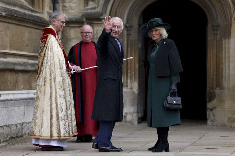 Britain's King Charles III, center, and Queen Camilla arrive to attend the Easter Matins Service at St. George's Chapel, Windsor Castle
