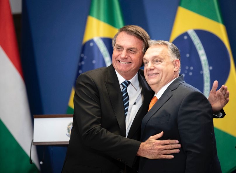 Jair Bolsonaro brazil államfő és Orbán Viktor kormányfő a Karmelita kolostorban, 2022. február 17-én