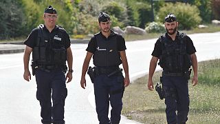 FILE - Police officers walk along the road leading to a plant where an attack took place in Saint-Quentin-Fallavier, southeast of Lyon, France, Friday, June 26, 2015.