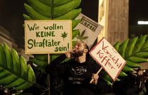 Homem em protesto contra a legalização da marijuana com um cartaz a dizer "Não queremos ser criminosos!