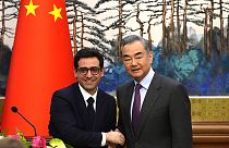 Chinese Foreign Minister Wang Yi & French Foreign Minister Stephane Sejourne, left, after a joint press conference at the Diaoyutai State Guesthouse in Beijing, China, Monday,