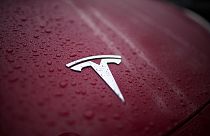 Raindrops gather on the logo of a Tesla Model Y, Thursday, Dec. 15, 2022, in Charlotte, N.C. (AP Photo/Chris Carlson)