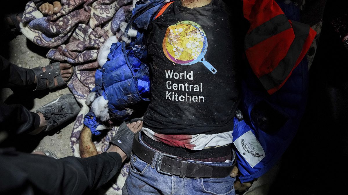 جثة موظف يعمل لصالح منظمة المطبخ المركزي العالمي وقتل في غارة إسرائيلية استهدفت سيارتهم في دير البلح