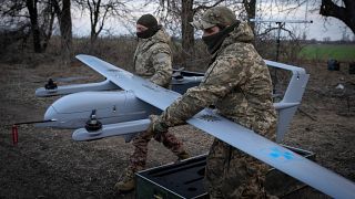Ukrainian soldiers of the 22nd Mechanised brigade prepare to start the Poseidon H10 Middle-range UAV near Bakhmut, Donetsk region.
