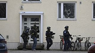 Police officers at the scene of Viertola comprehensive school, in Vantaa, Finland, Tuesday, April 2, 2024.
