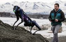 Alaska Department of Transportation program manager Ryan Marlow demonstrates the agency's robotic dog in Anchorage, Alaska, on 26 March 2024.