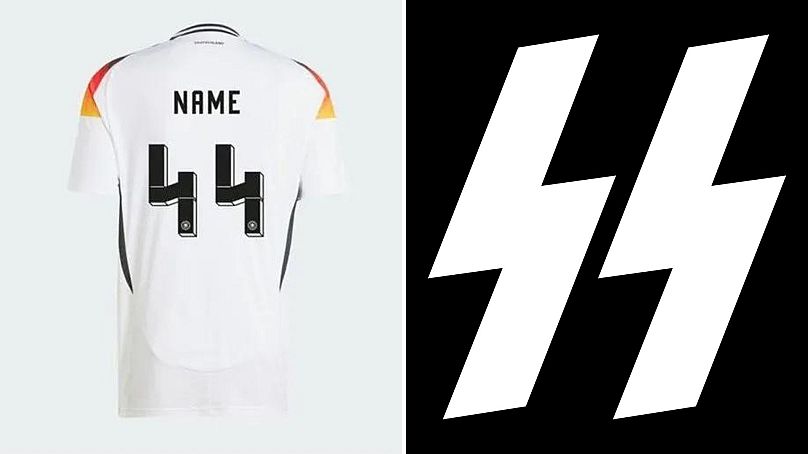 Image shows the design of the number 44 on Germany's new national kit alongside the logo of the Nazi Schutzstaffel (SS).
