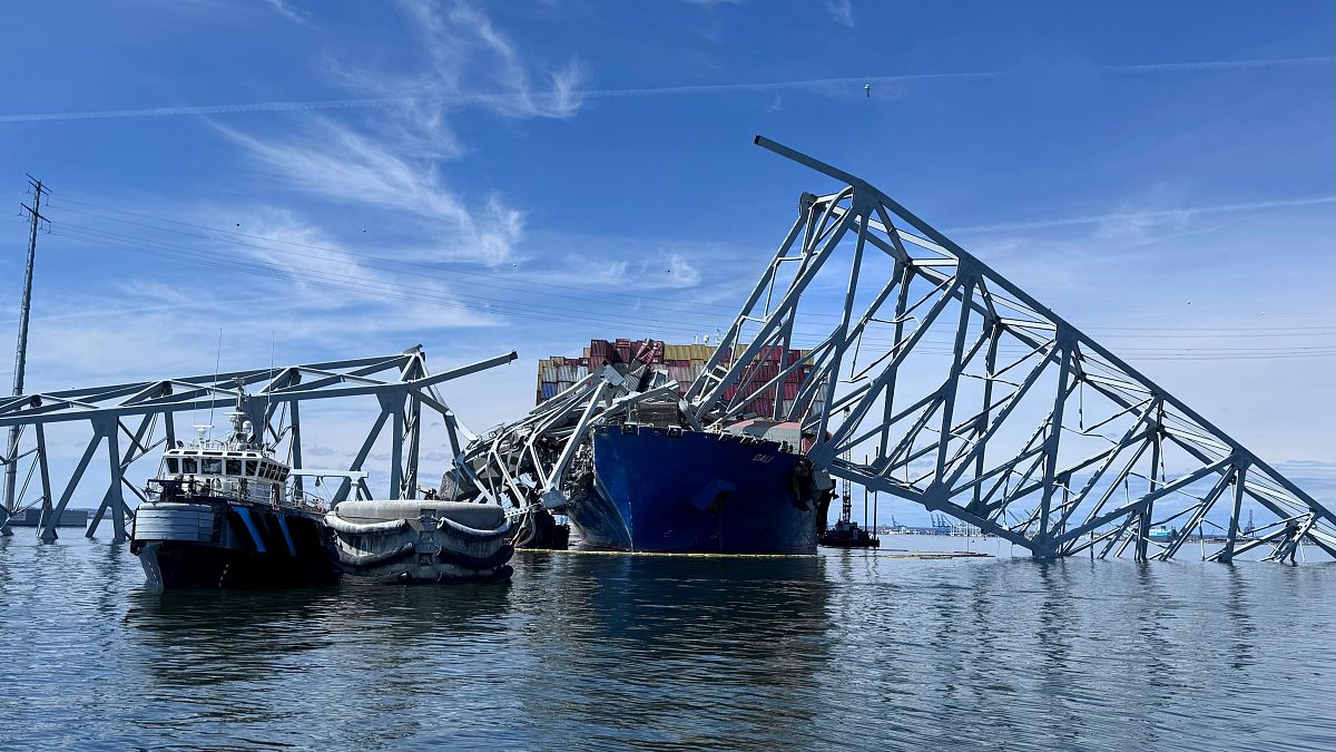 The fallen Francis Scott Key Bridge in Baltimore and the ship that struck it, the Dali.