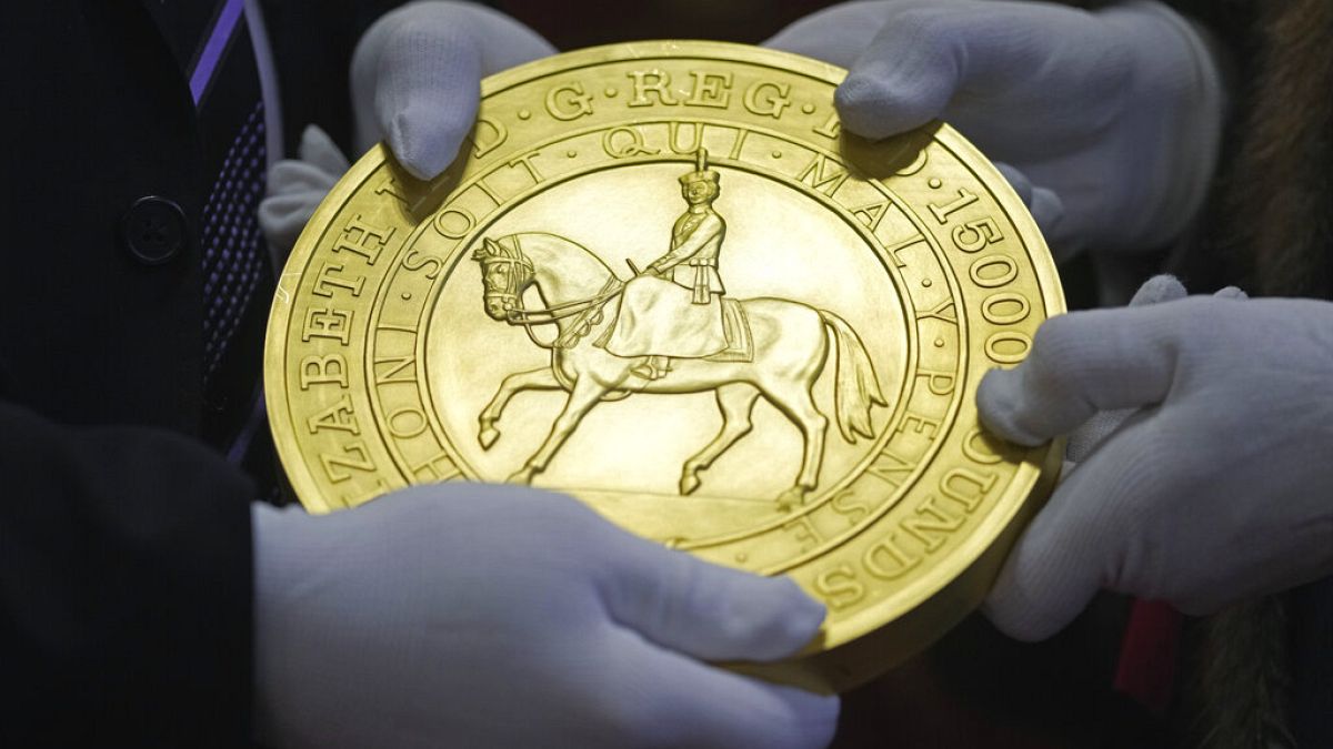 A 15-kilogram (33-pound) gold coin produced to celebrate the late Queen Elizabeth II's Platinum Jubilee. 