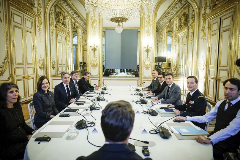 U.S. Secretary of State Antony Blinken meets French President Emmanuel Macron at the Elysee Palace for talks on Ukraine and stabilising Haiti