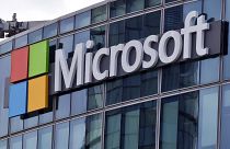 The Microsoft logo is seen in Issy-les-Moulineaux, outside Paris, France.