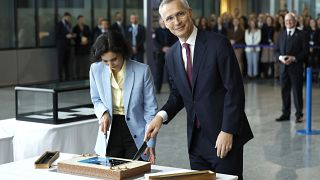 Генсек НАТО Йенс Столтенберг и глава МИДА Бельгии Хаджа Лахбиб разрезали праздничный торт в честь 75-й годовщины альянса, Брюссель, 2024 г.