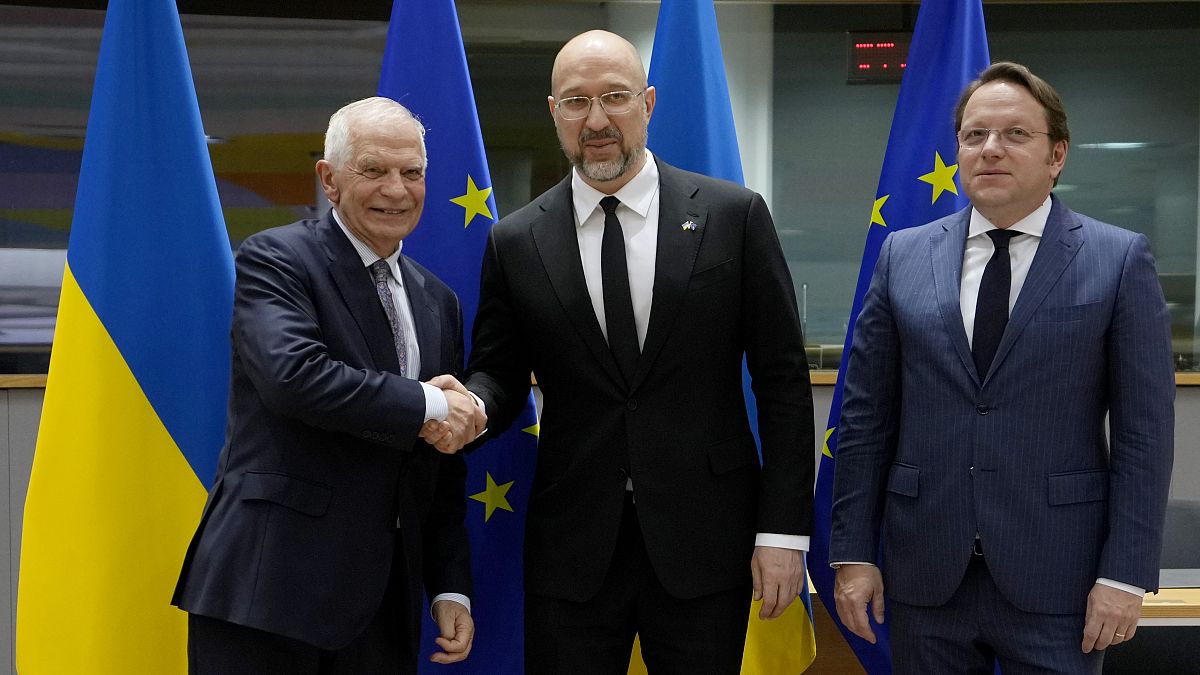 Верховный представитель Евросоюза по внешней политике и руководители стран-кандидатов на вступление в ЕС на фоне флага Украины