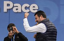 Italian Infrastructure Minister and leader of the Northern League party Matteo Salvini attends a rally pro West and against fundamentalism, in Milan, Italy.
