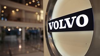 This Feb. 6, 2020, file photo shows the Volvo logo in the lobby of the Volvo corporate headquarters in Brussels.