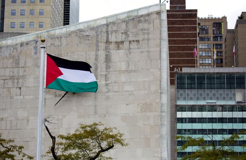 Birleşmiş Milletler Genel Merkezi'ndeki Gül Bahçesi'ne asılan Filistin bayrağı, 2015