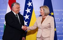 Hungarian PM Orban shakes hands with the President of the Council of Ministers of Bosnia and Herzegovina Kristo prior to their meeting in Sarajevo, Bosnia, April 4, 2024