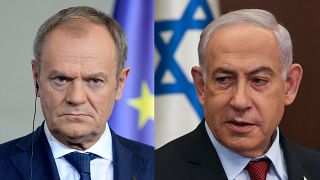 Poland's Prime Minister Donald Tusk and Israeli Prime Minister Benjamin Netanyahu.