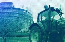 A tractor is pictured outside the European Parliament in Strasbourg, October 2018