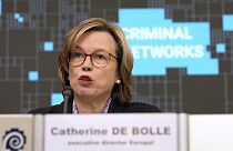 Europol Executive-Director Catherine De Bolle, addresses a media conference at the Residence Palace in Brussels, Friday, April 5, 2024. 