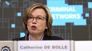 Europol Executive-Director Catherine De Bolle, addresses a media conference at the Residence Palace in Brussels, Friday, April 5, 2024. 