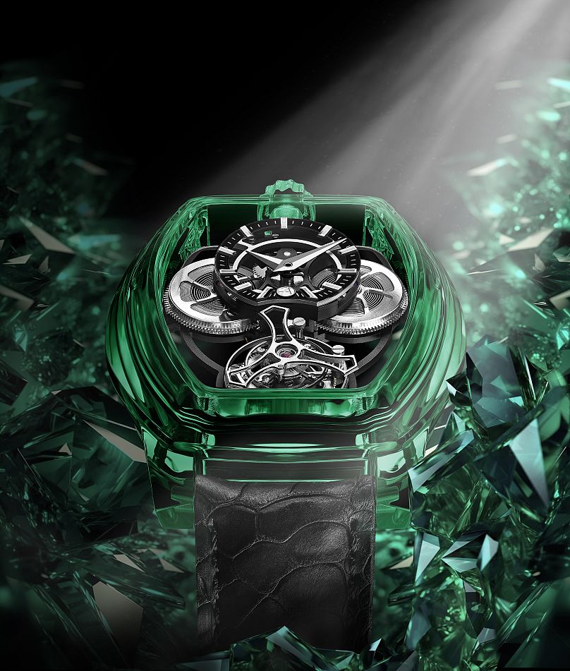 ArtyA is known for its unconventional designs featuring colour-changing nano-sapphire technology, like this "Curvy Purity Tourbillon NanoSaphir Emerald."