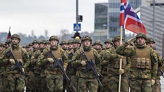 FILE - Norwegian soldiers at military parade ceremony marking the 105th anniversary of the Lithuanian military on Armed Forces Day in Vilnius, Lithuania, Nov. 25, 2023